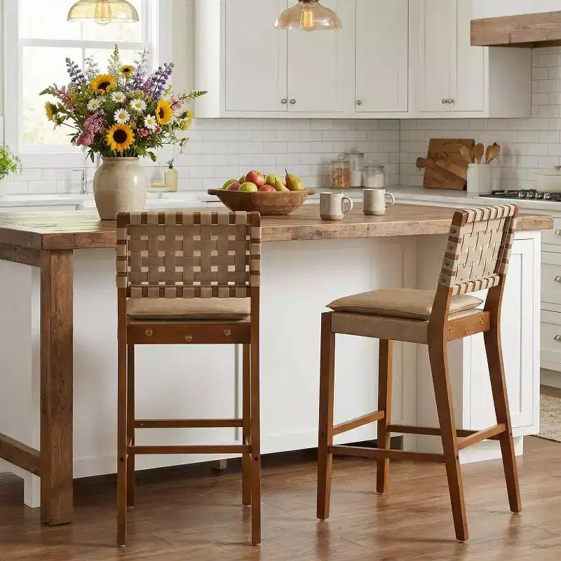 Contemporary Rubberwood and Faux Leather Upholstered Barstools (Set of 2)
