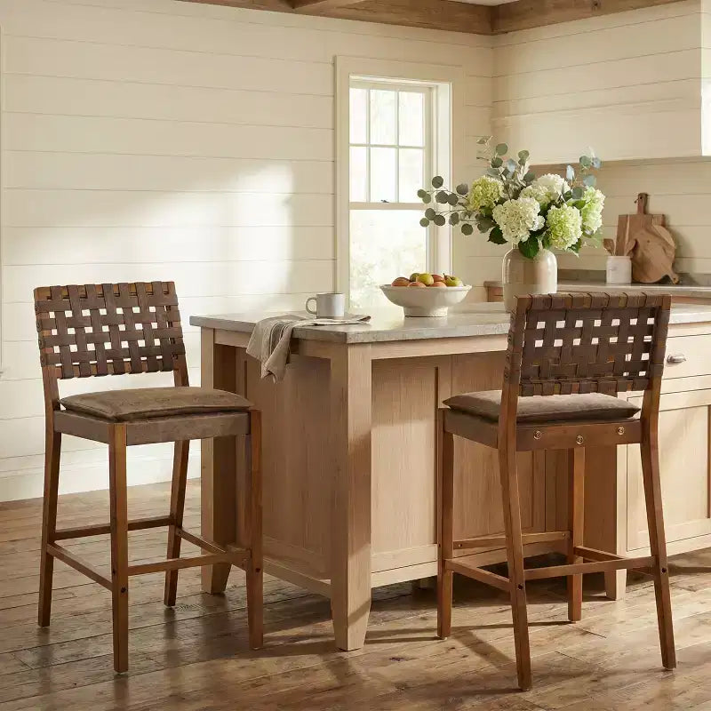 Contemporary Rubberwood and Faux Leather Upholstered Barstools (Set of 2)