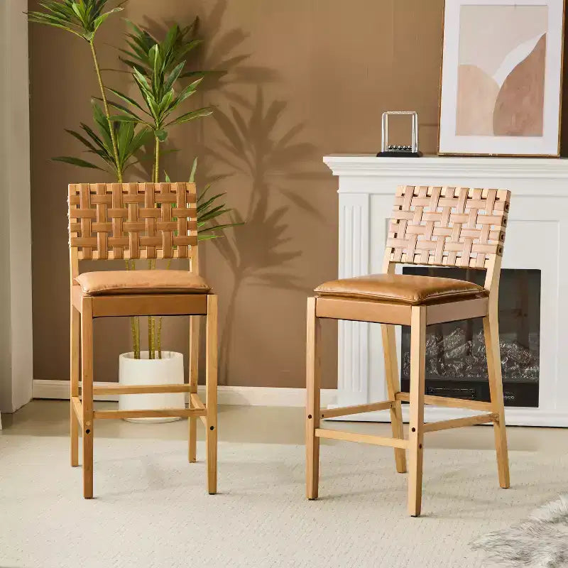 Contemporary Rubberwood and Faux Leather Upholstered Barstools (Set of 2)