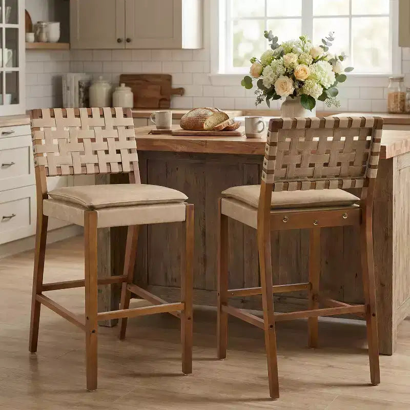 Contemporary Rubberwood and Faux Leather Upholstered Barstools (Set of 2)