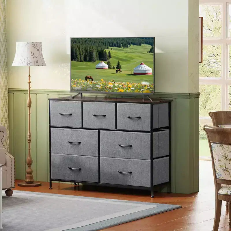 7 Drawer Dresser & TV Stand, Entertainment Center with Metal Frame, Media Console for 45 TVs, for Bedroom & Living Room