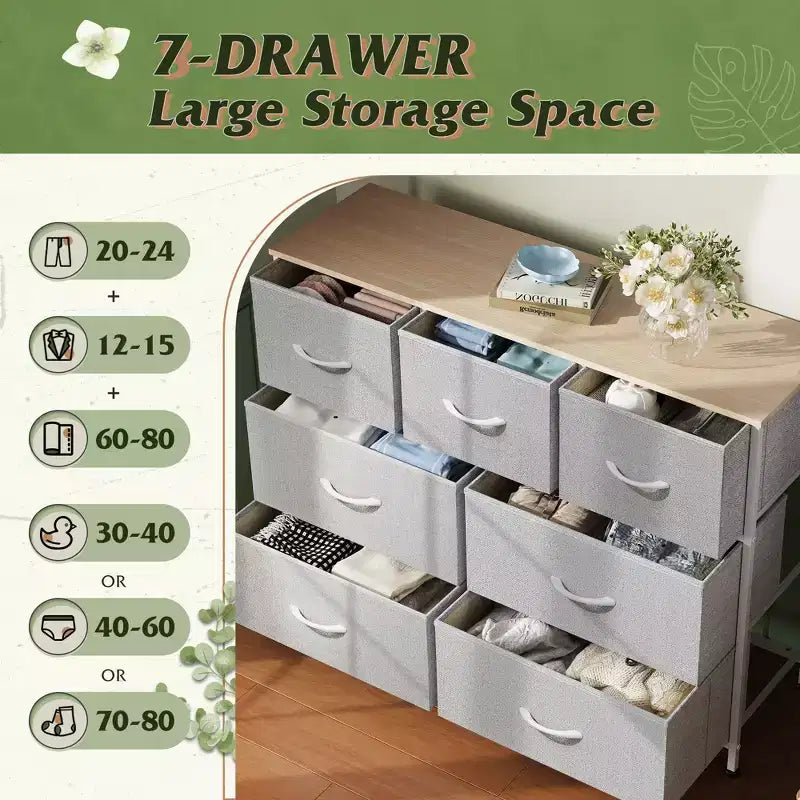7 Drawer Dresser & TV Stand, Entertainment Center with Metal Frame, Media Console for 45 TVs, for Bedroom & Living Room