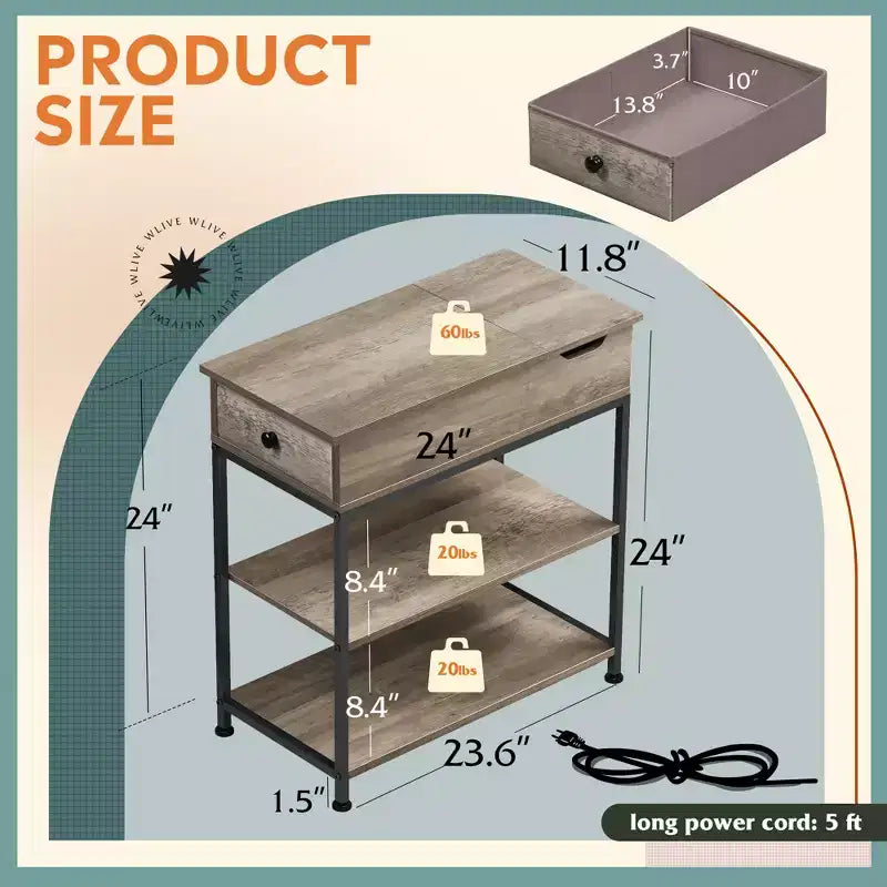 Narrow Side Table with 2 USB Ports and 2 Outlets, with Drawer, End Stand with Charging Station for Living Room, Bedroom