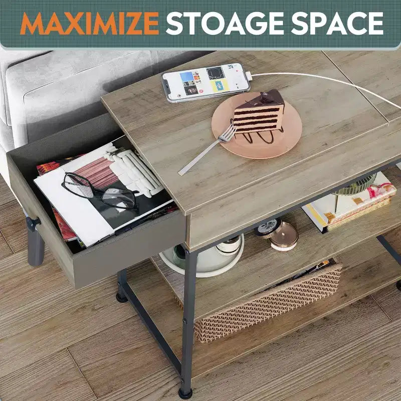 Narrow Side Table with 2 USB Ports and 2 Outlets, with Drawer, End Stand with Charging Station for Living Room, Bedroom