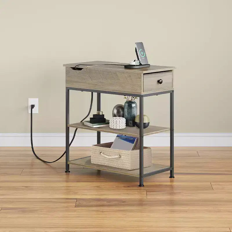 Narrow Side Table with 2 USB Ports and 2 Outlets, with Drawer, End Stand with Charging Station for Living Room, Bedroom