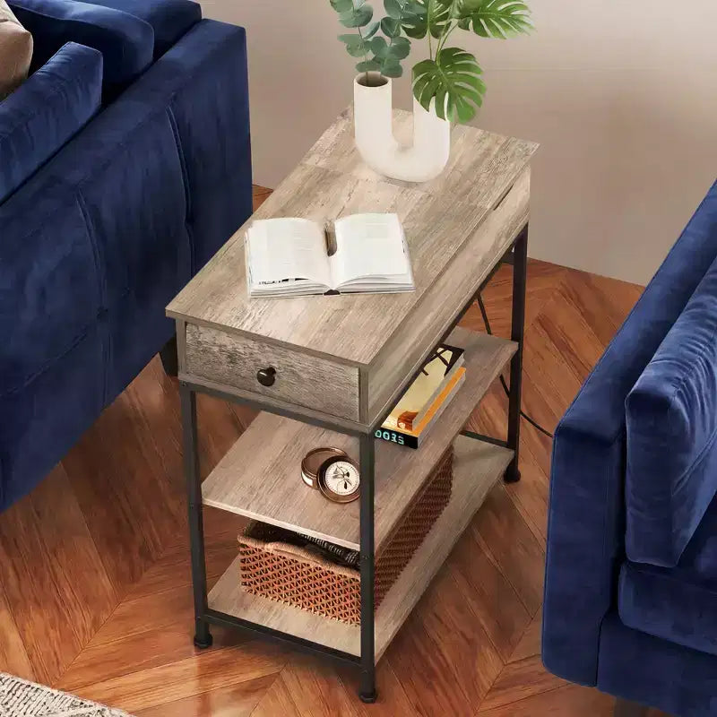 Narrow Side Table with 2 USB Ports and 2 Outlets, with Drawer, End Stand with Charging Station for Living Room, Bedroom