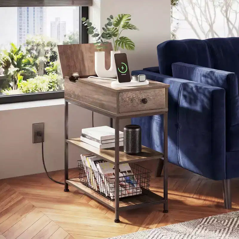 Narrow Side Table with 2 USB Ports and 2 Outlets, with Drawer, End Stand with Charging Station for Living Room, Bedroom
