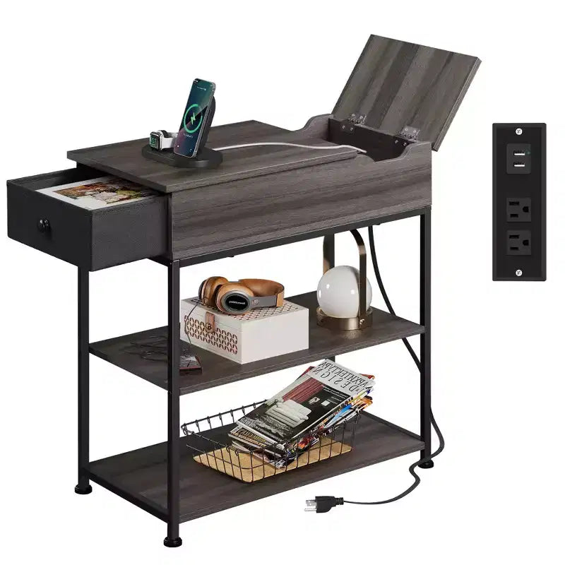 Narrow Side Table with 2 USB Ports and 2 Outlets, with Drawer, End Stand with Charging Station for Living Room, Bedroom