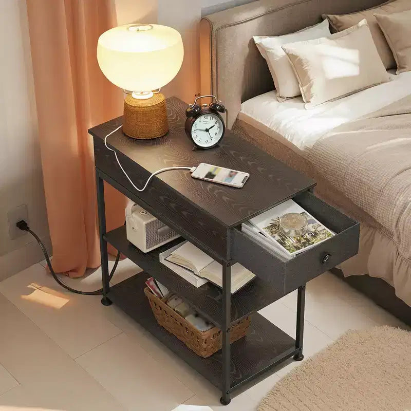 Narrow Side Table with 2 USB Ports and 2 Outlets, with Drawer, End Stand with Charging Station for Living Room, Bedroom