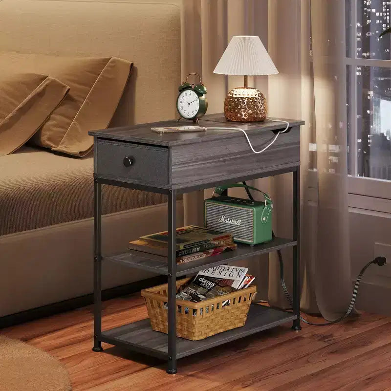 Narrow Side Table with 2 USB Ports and 2 Outlets, with Drawer, End Stand with Charging Station for Living Room, Bedroom
