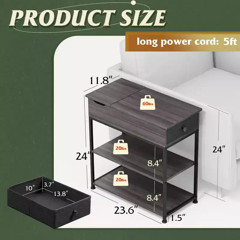 Narrow Side Table with 2 USB Ports and 2 Outlets, with Drawer, End Stand with Charging Station for Living Room, Bedroom