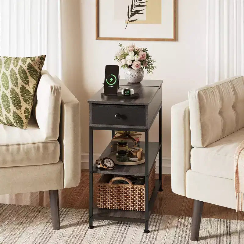 Narrow Side Table with 2 USB Ports and 2 Outlets, with Drawer, End Stand with Charging Station for Living Room, Bedroom