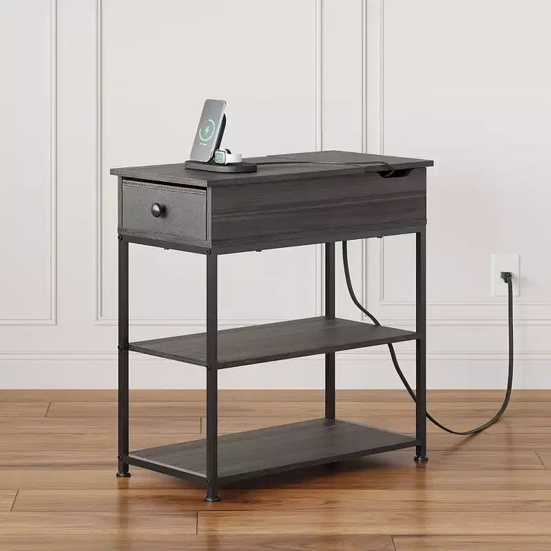 Narrow Side Table with 2 USB Ports and 2 Outlets, with Drawer, End Stand with Charging Station for Living Room, Bedroom