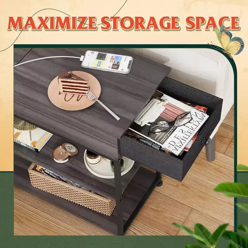 Narrow Side Table with 2 USB Ports and 2 Outlets, with Drawer, End Stand with Charging Station for Living Room, Bedroom