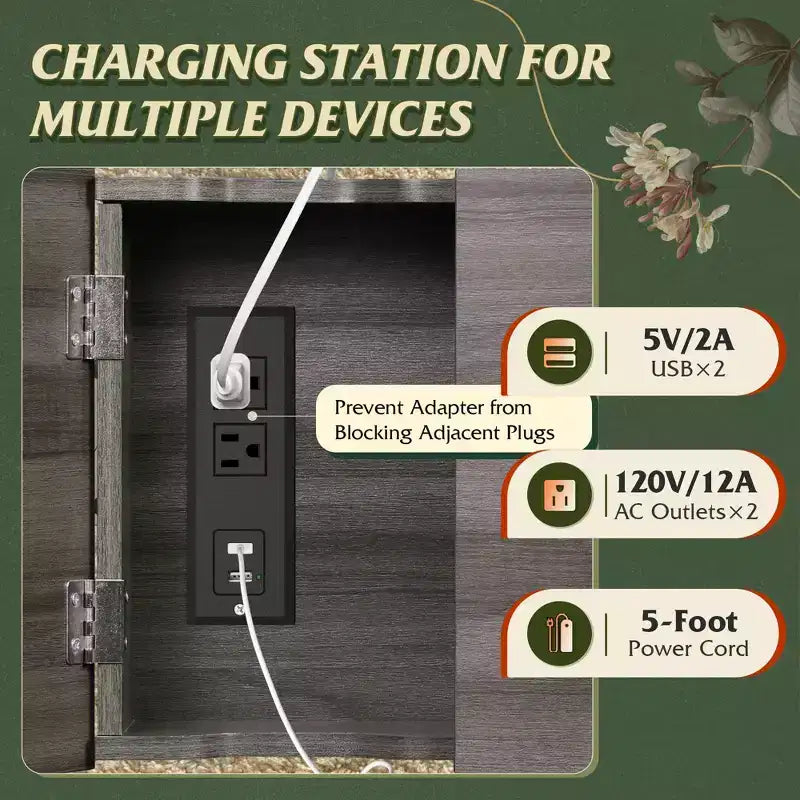 Narrow Side Table with 2 USB Ports and 2 Outlets, with Drawer, End Stand with Charging Station for Living Room, Bedroom