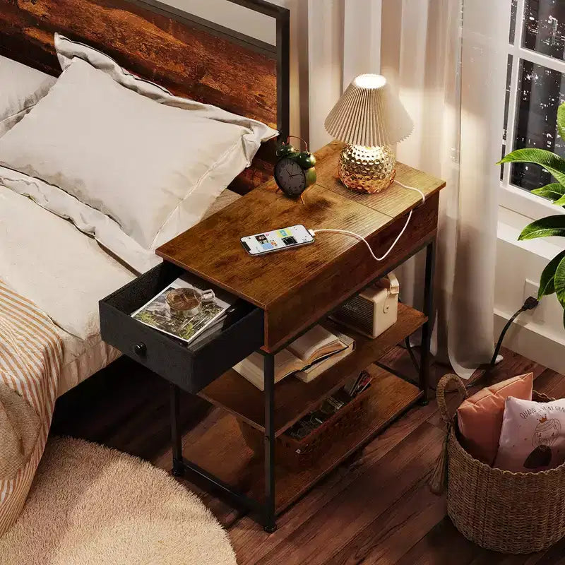 Narrow Side Table with 2 USB Ports and 2 Outlets, with Drawer, End Stand with Charging Station for Living Room, Bedroom