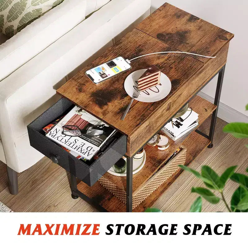 Narrow Side Table with 2 USB Ports and 2 Outlets, with Drawer, End Stand with Charging Station for Living Room, Bedroom