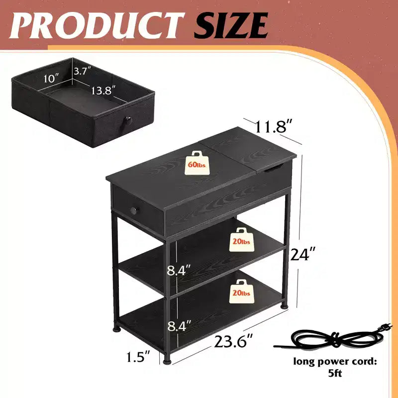 Narrow Side Table with 2 USB Ports and 2 Outlets, with Drawer, End Stand with Charging Station for Living Room, Bedroom