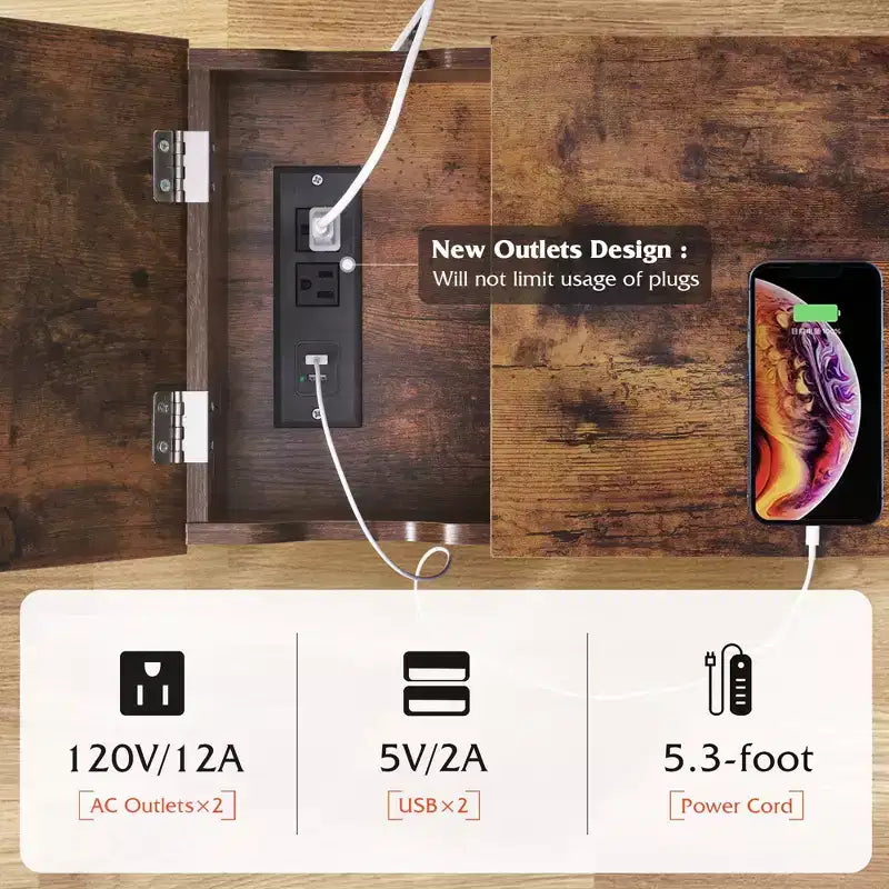 Narrow Side Table with 2 USB Ports and 2 Outlets, with Drawer, End Stand with Charging Station for Living Room, Bedroom