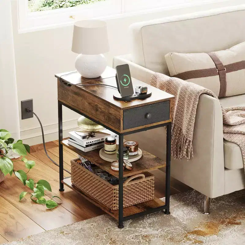 Narrow Side Table with 2 USB Ports and 2 Outlets, with Drawer, End Stand with Charging Station for Living Room, Bedroom