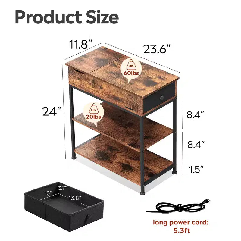 Narrow Side Table with 2 USB Ports and 2 Outlets, with Drawer, End Stand with Charging Station for Living Room, Bedroom