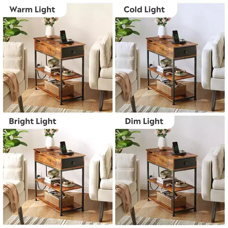 Narrow Side Table with 2 USB Ports and 2 Outlets, with Drawer, End Stand with Charging Station for Living Room, Bedroom