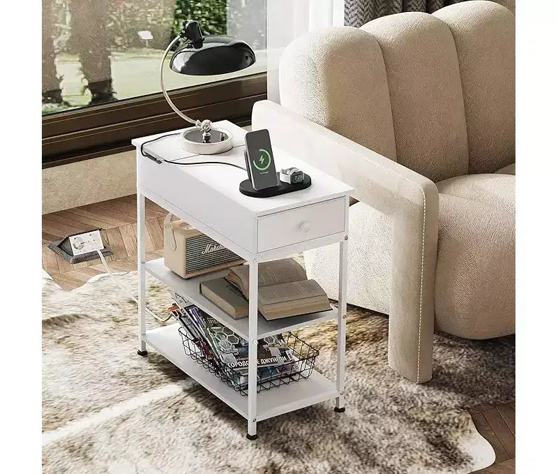 Narrow Side Table with 2 USB Ports and 2 Outlets, with Drawer, End Stand with Charging Station for Living Room, Bedroom