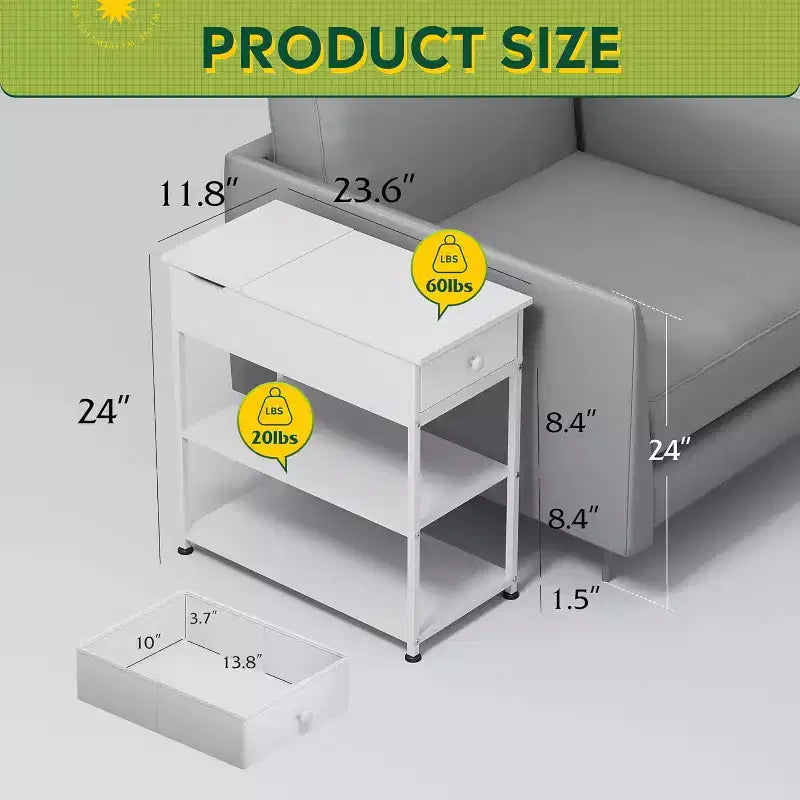 Narrow Side Table with 2 USB Ports and 2 Outlets, with Drawer, End Stand with Charging Station for Living Room, Bedroom