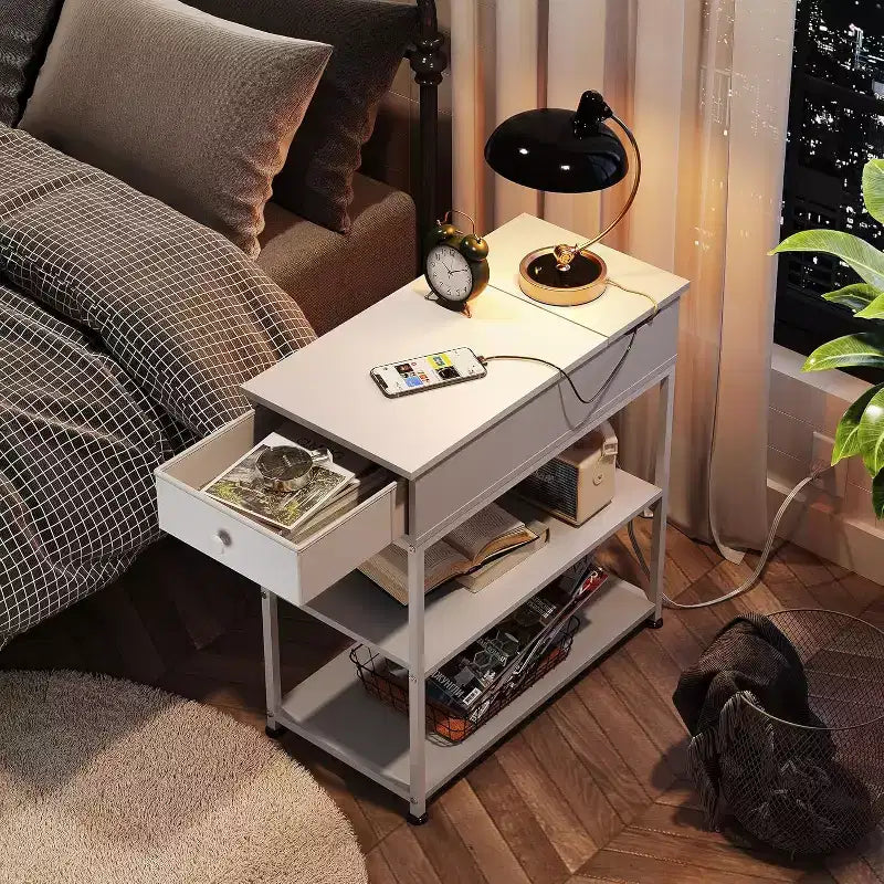 Narrow Side Table with 2 USB Ports and 2 Outlets, with Drawer, End Stand with Charging Station for Living Room, Bedroom