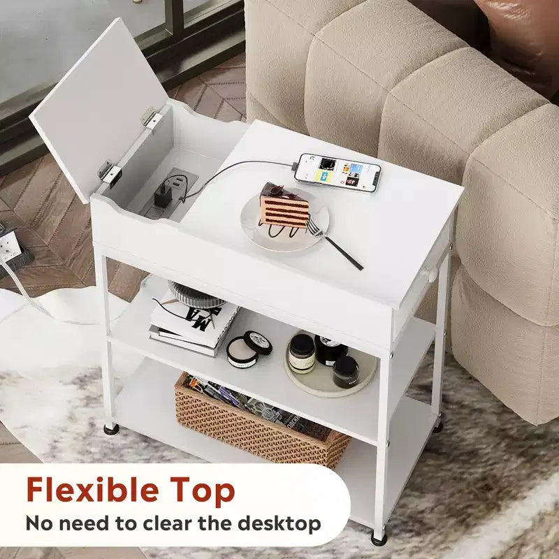 Narrow Side Table with 2 USB Ports and 2 Outlets, with Drawer, End Stand with Charging Station for Living Room, Bedroom