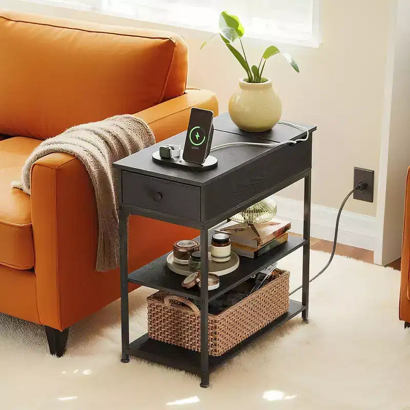 Narrow Side Table with 2 USB Ports and 2 Outlets, with Drawer, End Stand with Charging Station for Living Room, Bedroom