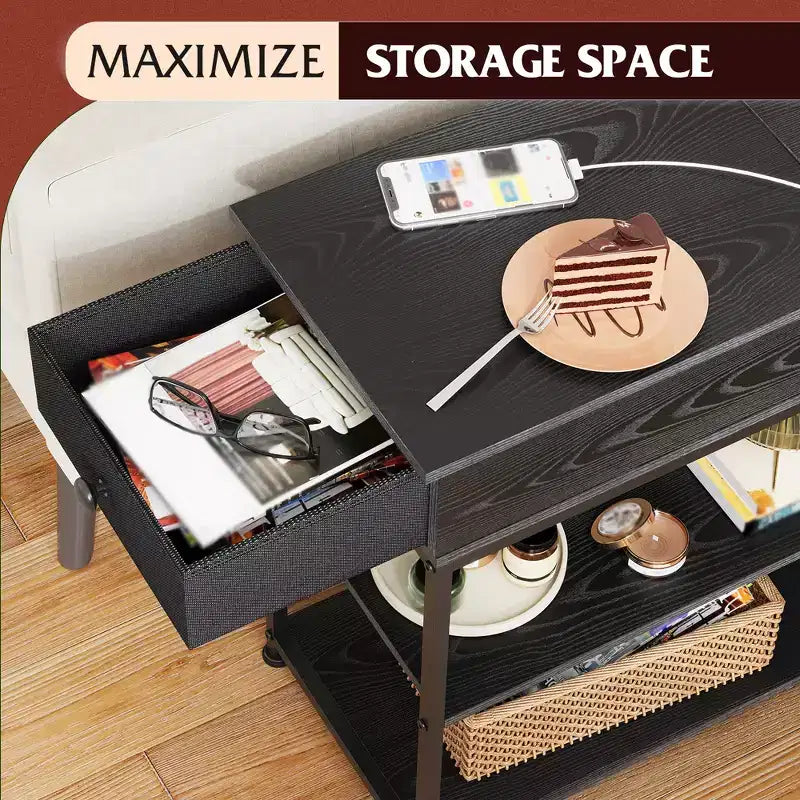 Narrow Side Table with 2 USB Ports and 2 Outlets, with Drawer, End Stand with Charging Station for Living Room, Bedroom