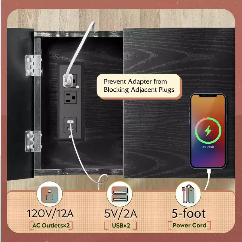 Narrow Side Table with 2 USB Ports and 2 Outlets, with Drawer, End Stand with Charging Station for Living Room, Bedroom
