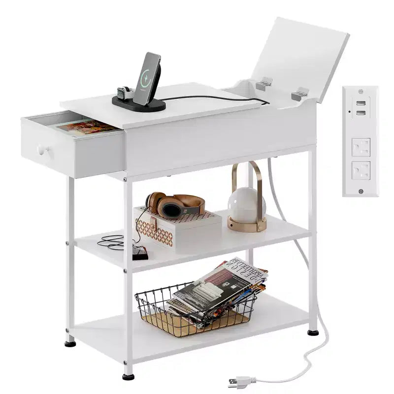 Narrow Side Table with 2 USB Ports and 2 Outlets, with Drawer, End Stand with Charging Station for Living Room, Bedroom