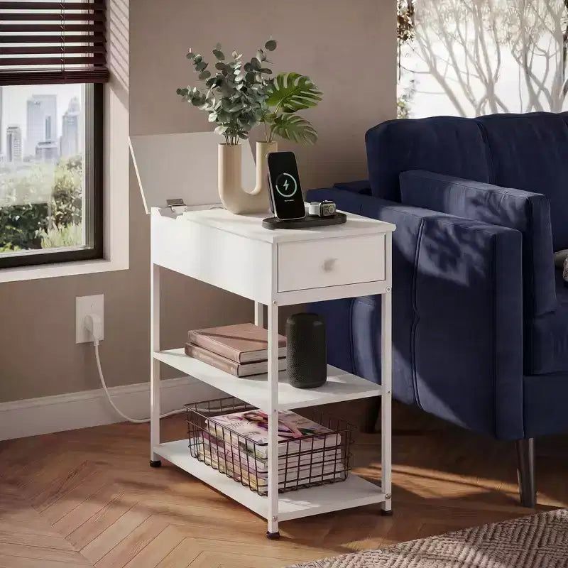 Narrow Side Table with 2 USB Ports and 2 Outlets, with Drawer, End Stand with Charging Station for Living Room, Bedroom