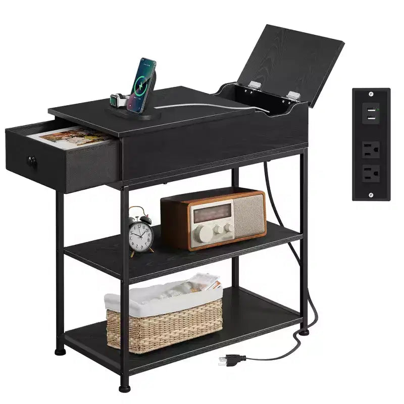 DEXYLLO Narrow Side Table with 2 USB Ports and 2 Outlets, with Drawer, End Stand with Charging Station for Living Room, Bedroom