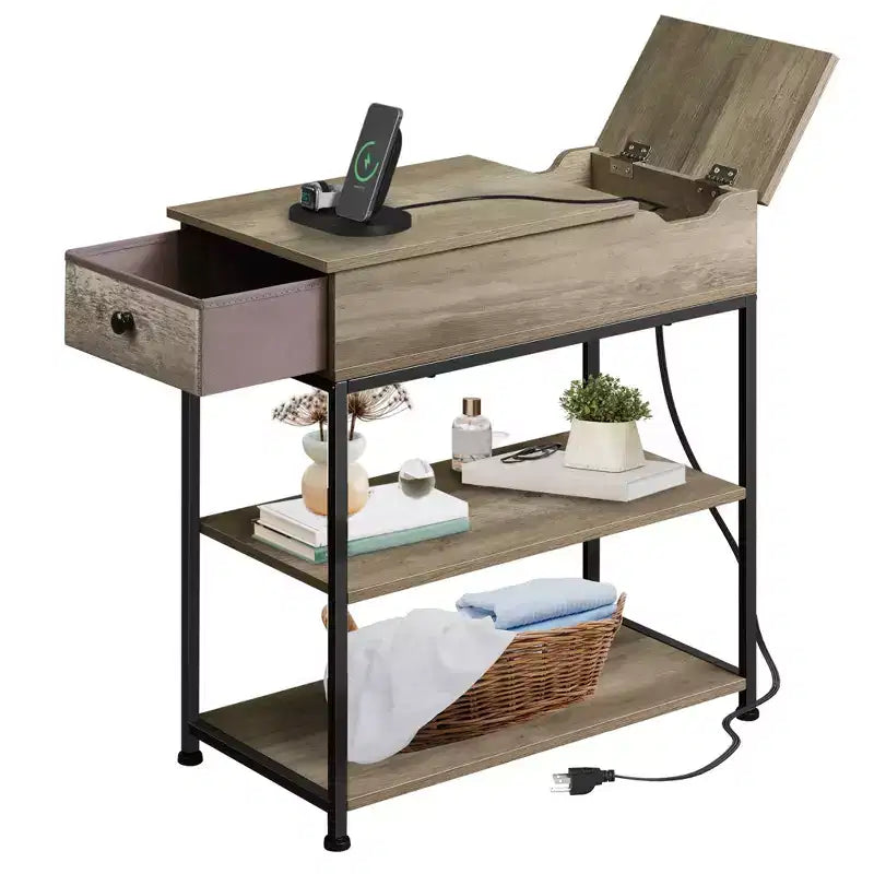 Narrow Side Table with 2 USB Ports and 2 Outlets, with Drawer, End Stand with Charging Station for Living Room, Bedroom