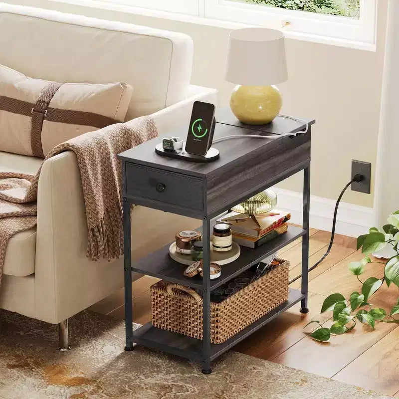 Narrow Side Table with 2 USB Ports and 2 Outlets, with Drawer, End Stand with Charging Station for Living Room, Bedroom
