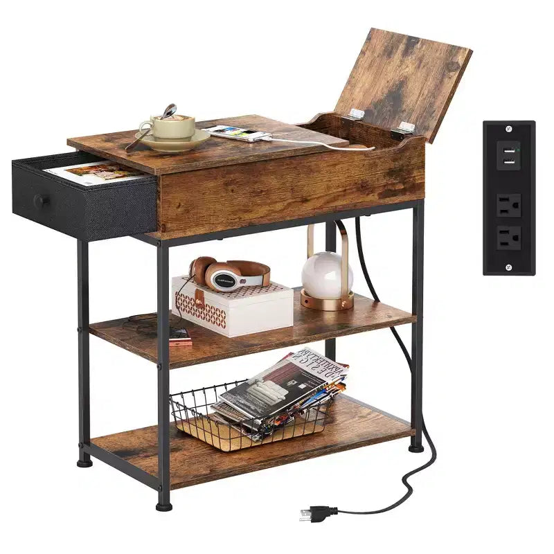 Narrow Side Table with 2 USB Ports and 2 Outlets, with Drawer, End Stand with Charging Station for Living Room, Bedroom