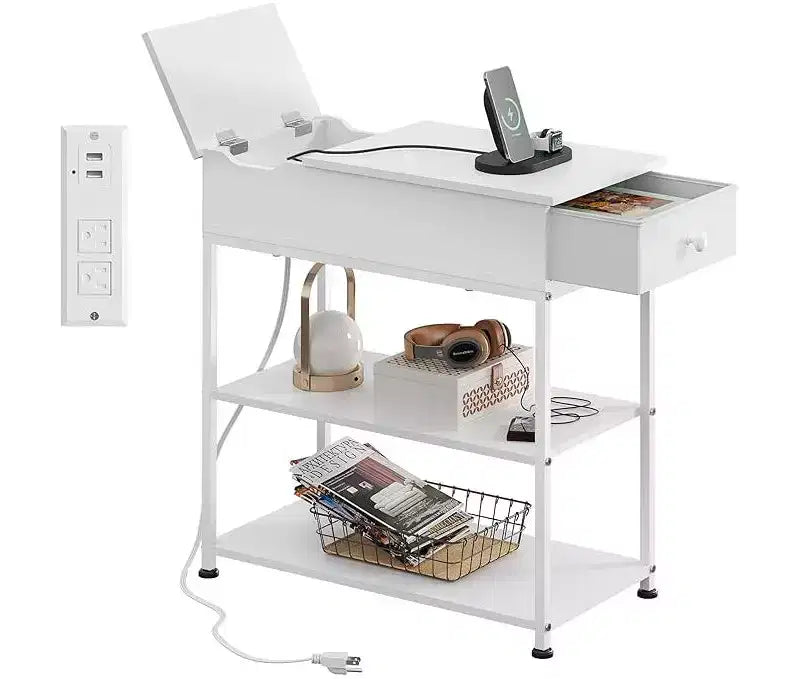 Narrow Side Table with 2 USB Ports and 2 Outlets, with Drawer, End Stand with Charging Station for Living Room, Bedroom