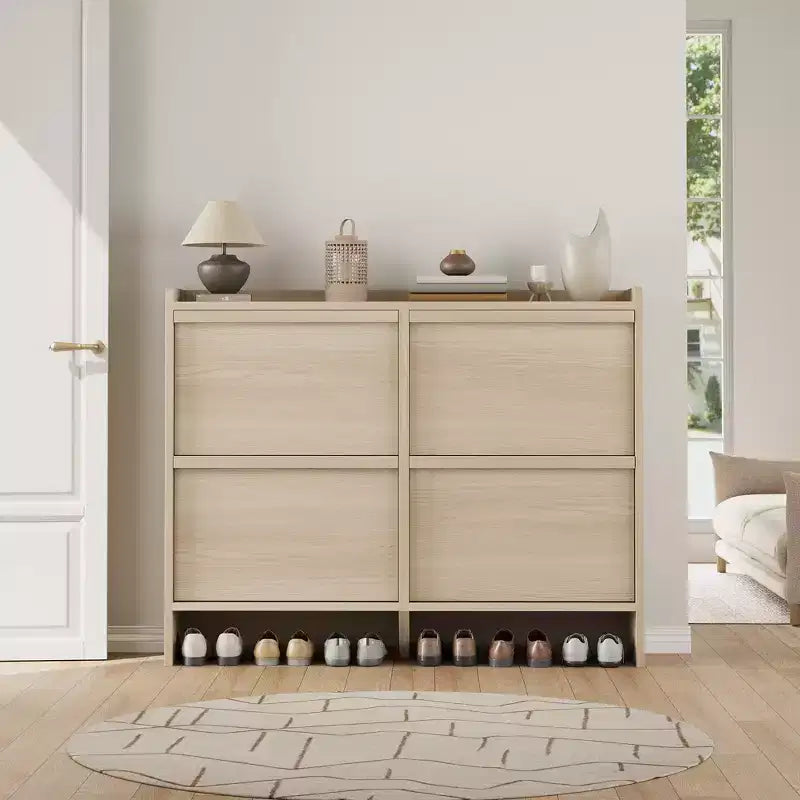 Shoe Cabinet with 4 Flip Drawers, Wooden Shoe Organizer Cabinet with Adjustable Shelf, Shoe Storage for Entryway, Shoe Cabinet Living Room, Natural