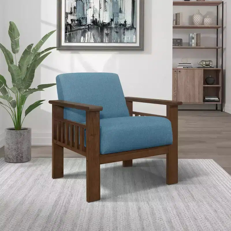 Accent Chair 1pc Living Room Chair with Fabric Upholstered Walnut Finish Wood Armchair Reading Leisure Chair with Padded Seat and Back