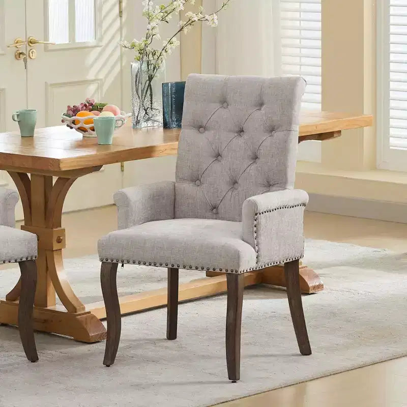 Upholstered Chenille Dining Chair - Curved Solid Wood Legs, Tufted Design, Armrests, Beige, Single Pack