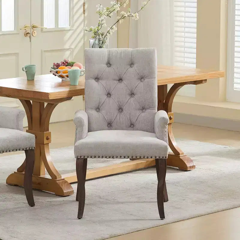 Upholstered Chenille Dining Chair - Curved Solid Wood Legs, Tufted Design, Armrests, Beige, Single Pack