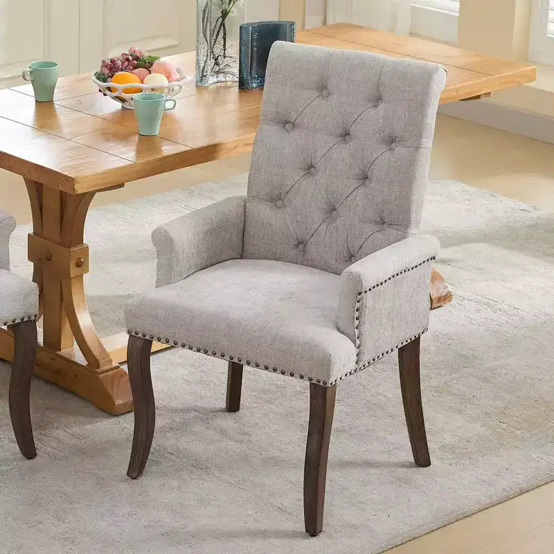 Upholstered Chenille Dining Chair - Curved Solid Wood Legs, Tufted Design, Armrests, Beige, Single Pack