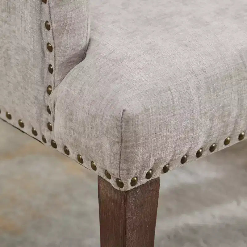 Upholstered Chenille Dining Chair - Curved Solid Wood Legs, Tufted Design, Armrests, Beige, Single Pack