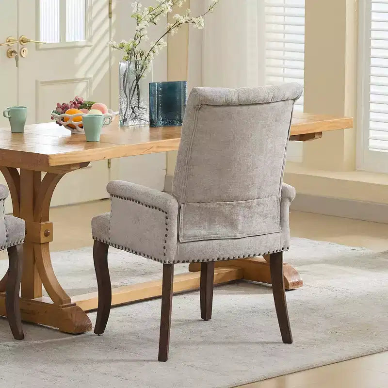 Upholstered Chenille Dining Chair - Curved Solid Wood Legs, Tufted Design, Armrests, Beige, Single Pack
