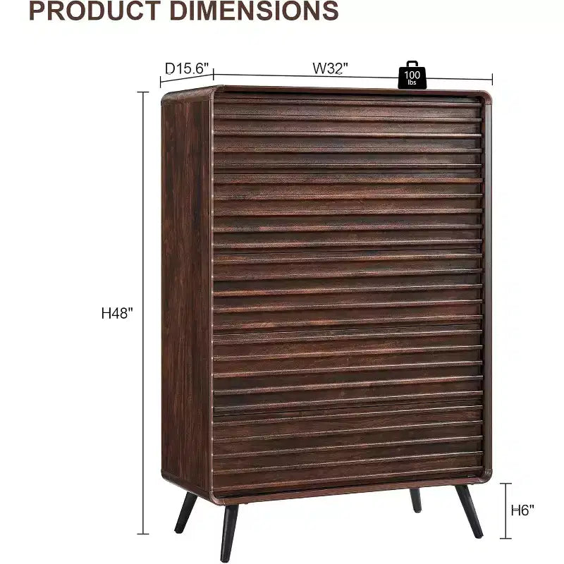 Comò a 5 cassetti, cassettiera alta 122 cm in legno scanalato stile moderno di metà secolo con gambe affusolate per camera da letto, soggiorno, corridoio e ripostiglio