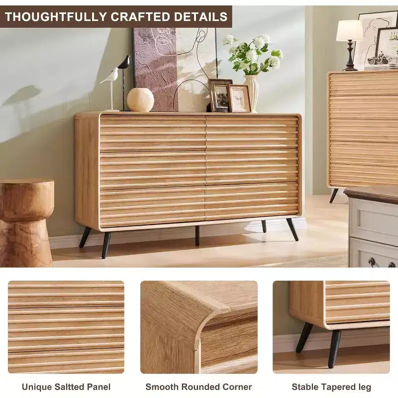 Comò a 5 cassetti, cassettiera alta 122 cm in legno scanalato stile moderno di metà secolo con gambe affusolate per camera da letto, soggiorno, corridoio e ripostiglio