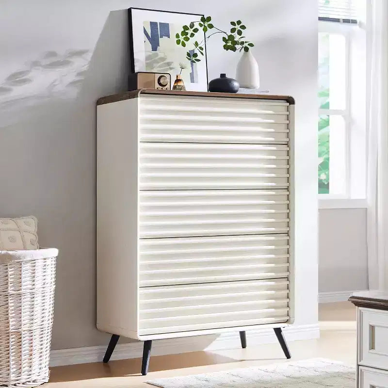 5 Drawers Dresser, 48 Tall Mid Century Modern Fluted Wood Chest with Tapered Legs for Bedroom, Living Room, Hallway & Closet